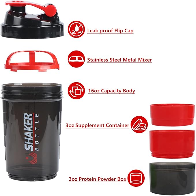 Protein Shaker Bottle,Sports Water Bottle,Leak Proof Shake Bottle For Protein Mixer,Non Slip 3 Layer Twist Off 3oz Cups with Pill Tray,Workout Shaker Bottle 16oz,Red