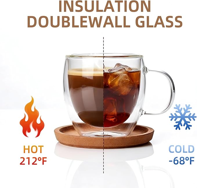 Double Wall Insulated Espresso Shot Cups 5.4 OZ Set of 2, Small Clear Borosilicate Glass Demitasse Coffee Mugs with Handles