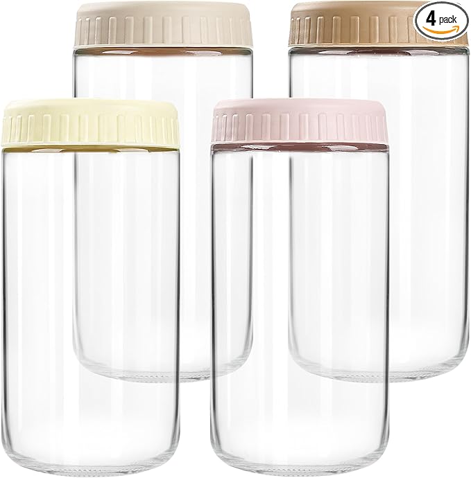 SHOWIN Overnight Oats Containers with Lids, 24oz Glass Jars with Lids 4 pcs, Wide Mouth Mason jars for Salad, Yogurt, Snacks, Meal Prep