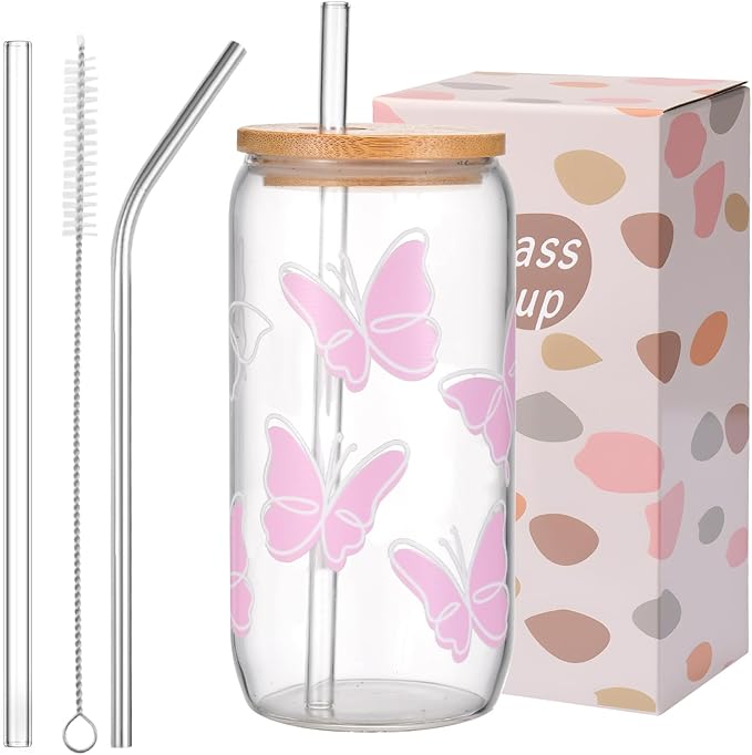 ANABIUP Butterfly Cute Glass Cups with Lids and Straws, Aesthetic Iced Coffee Cup, Girly Preppy Design Tumbler Mug, Birthday, Valentines, Teen Girl Gifts Trendy Stuff