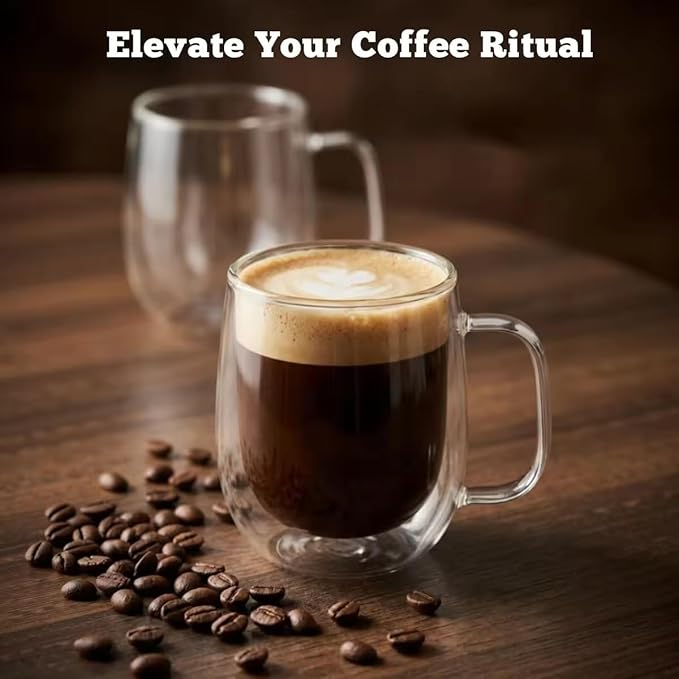 Roran Double Wall Glass Coffee Mugs, Clear Borosilicate Glass with Handle, 14.2oz, 2 Piece Set, High-Heat Resistant
