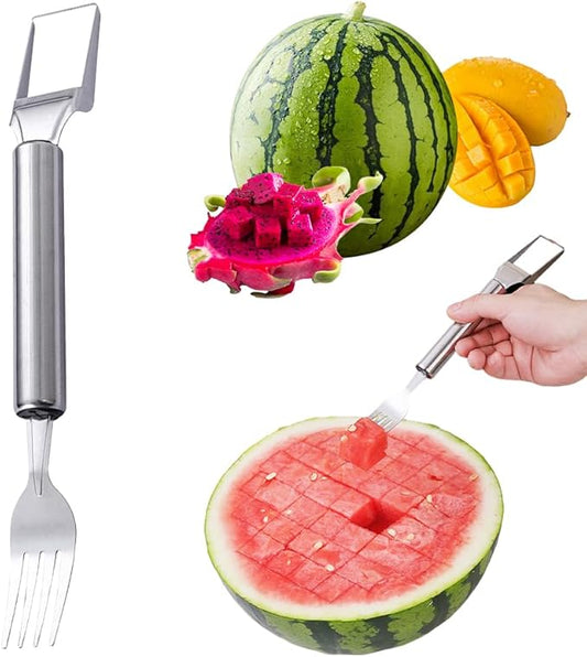 2-in-1 Stainless Steel Watermelon Cutter, Fruit Slicer and Fork Tool, Dual Head Watermelon Cube Cutter with Round Handle for Easy Serving, Kitchen Fruit Cutting Tool (1pcs)