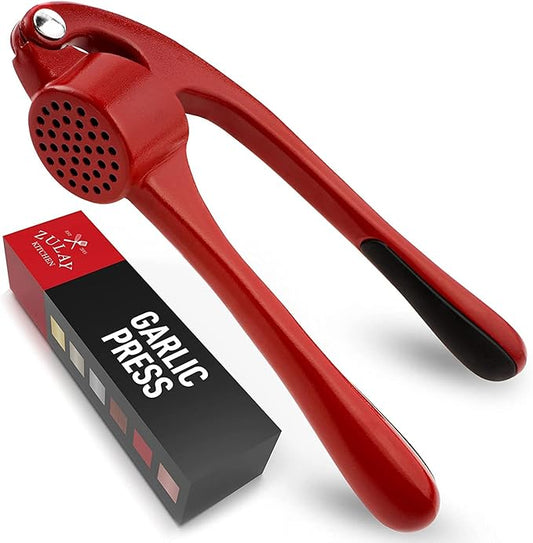 Zulay Kitchen Premium Garlic Press Set - Rust Proof Professional Garlic Mincer Tool - Easy-Squeeze, Easy-Clean with Soft, Ergonomic Handle - Silicone Garlic Peeler & Brush (Red)