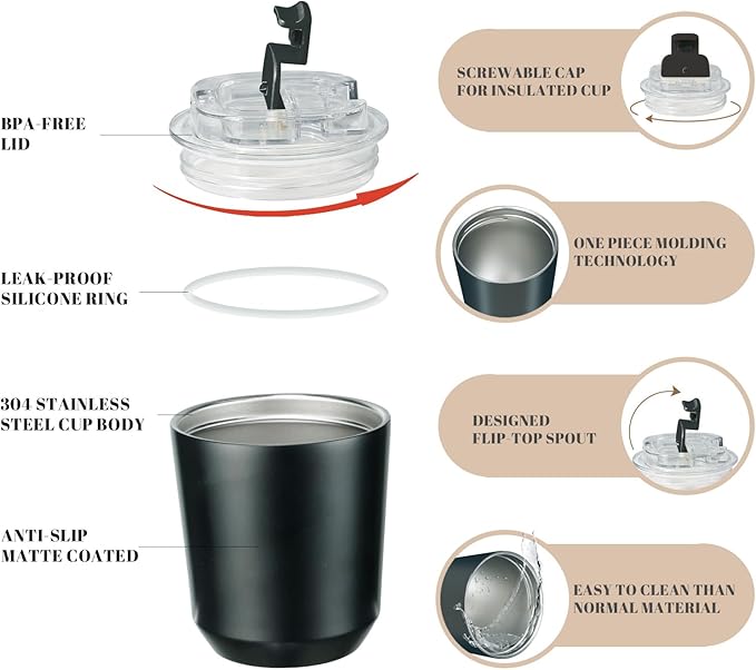 Puraville Insulated Tumblers with Lid, 10 oz Travel Coffee Mug Stainless Steel Vacuum Cup, Leak Proof Reusable Double Walled Coffee Tumbler for Iced and Hot Drinks, Black