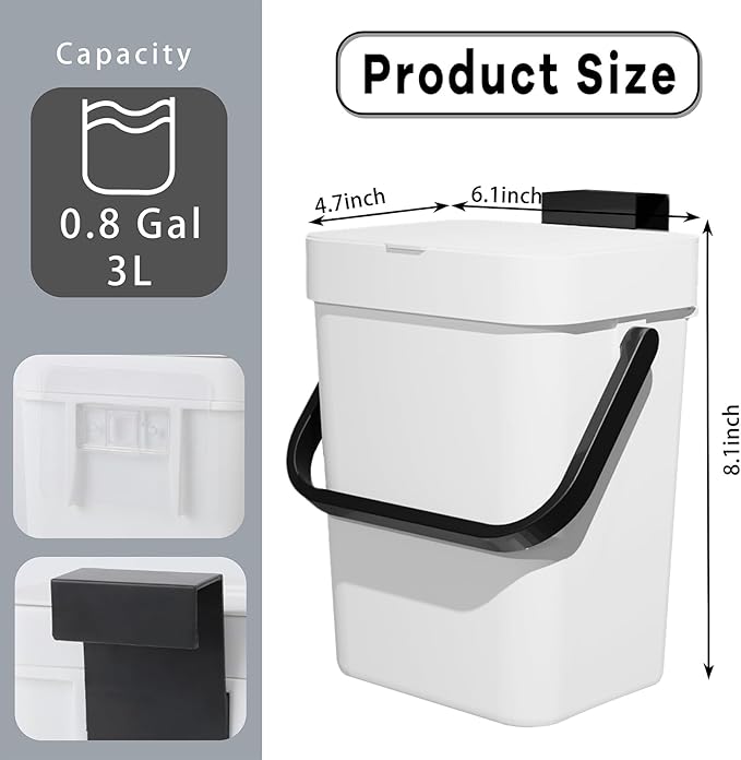 Compost Bin Kitchen, for use on Countertops or Under Sinks, Hanging Trash Can with Lid, Mountable Indoor Compost Bucket, for Cupboard/Bathroom/Bedroom/Office/Camping (White 0.8 Gallon/3L)