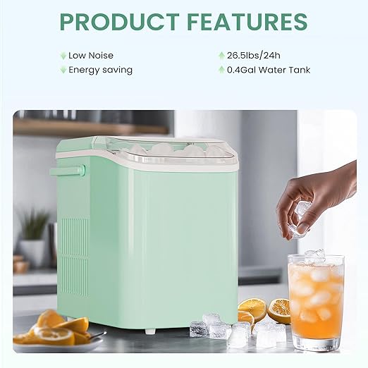 Ice Makers Countertop, Portable Ice Machine with Handle, 6 Mins 9 Bullet Ice Cubes with Basket and Scoop, 26lbs in 24Hrs, Auto-Cleaning, for Home, Kitchen, RV, Camping, Green