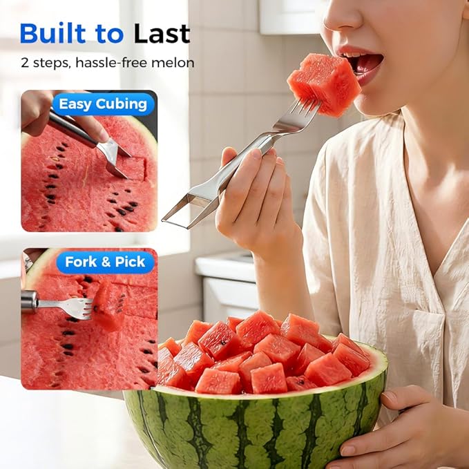 2 in 1 Stainless Steel Fruit Cutter, 2026 New Upgrade Dual Head Fruit Slicer and Fork, Hand Crank Watermelon Cutter for Pineapple Melon, Easy Clean Kitchen Gadget (2PCS)