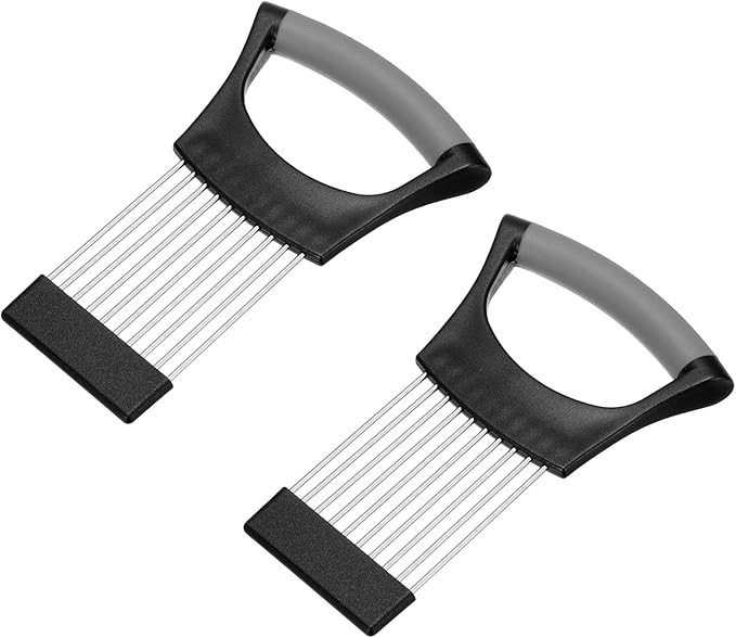uxcell 2 Pcs Onion Slicer Holder, Stainless Steel Vegetable Cutting Holder Food Cutter Tool for Slicing Storing Onions Tomatoes Potatoes Avocados Apples, Black Grey