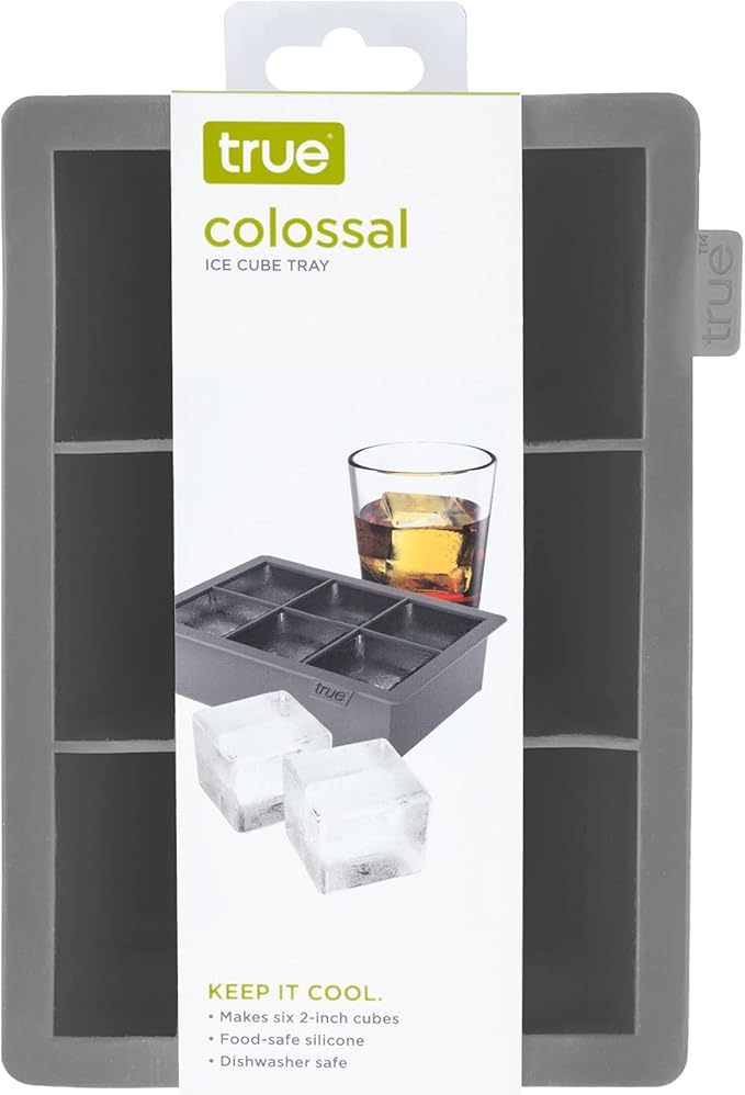 True Colossal Ice Cube Tray, Large Silicone Ice Mold for 2 Inch Cubes, Easy to Release, Perfect for Whiskey, Cocktails, Mixed Drinks, Iced Tea, Soda, Kitchen & Home Bar Gifts, Set of 1, Gray