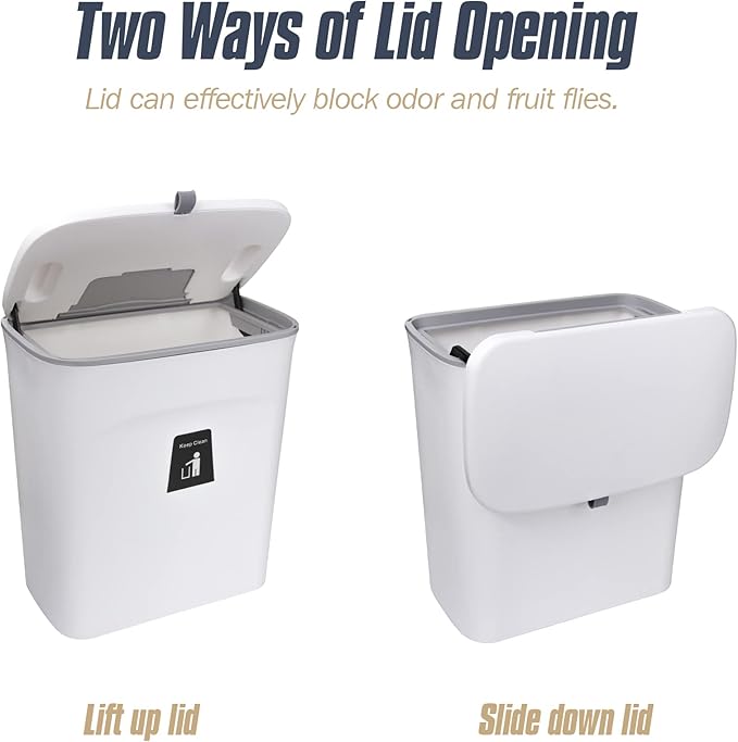 Domiella 2.4 Gallon Hanging Trash Can with Lid, Kitchen Compost Bin for Countertop or Under Sink, Mountable Food Waste Bin with Sealed Lid for Cabinet, Cupboard, Bathroom, or RV (White)