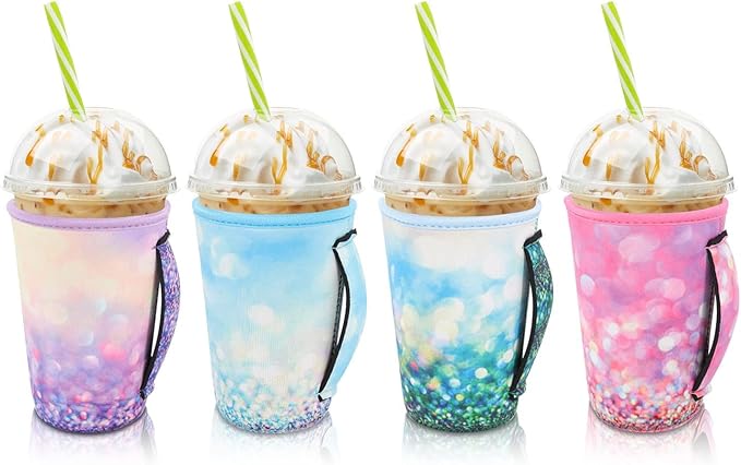 4Pack Reusable Iced Coffee Sleeve Insulator Sleeves for Cold Drinks Beverages, Neoprene Cup Holder for Most Coffee, Fits 22-24oz Medium Cups (Glitter with handle)