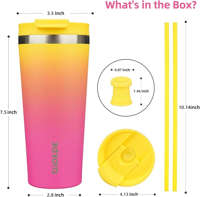 BJPKPK 22oz Stainless Steel Insulated Tumbler With lid And Straw Travel Coffee Thermal Tumblers Cup For Women And Men,Pink Yellow Rose
