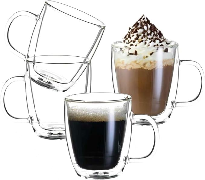 Wlasss Double Wall Insulated Glass Coffee Mugs set of 4-13 oz Clear Hand Blown Glass Coffee Cups with Handle for Cappuccino, Latte,Espresso,Tea Bags,Americano,Beverages, Gifts for Christmas