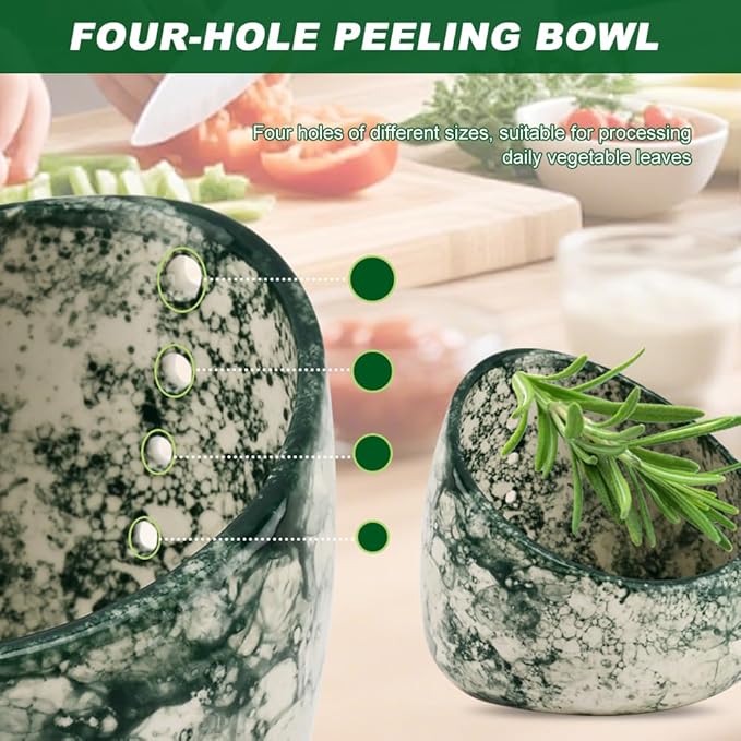 Upgrade Pottery Herb Stripper Bowl - Handmade Ceramic Peeling Cup with Round Holes, Efficient Leaf Removal Tool for Kale, Cilantro, Thyme, Parsley, Kitchen Gadget(Green)