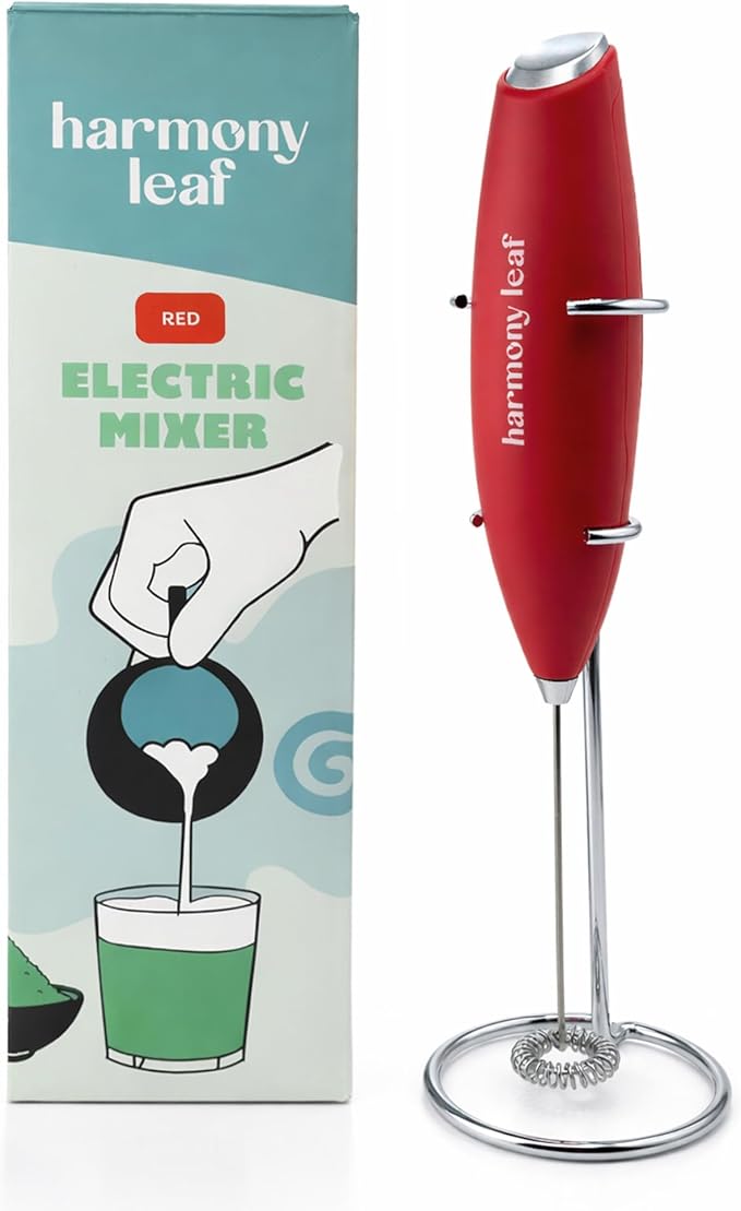 Harmony Leaf Handheld Milk Frother, Stainless Steel Electric Drink Mixer with Stand, Battery Operated Coffee Frother for Lattes, Matcha, Hot Chocolate and More, Red
