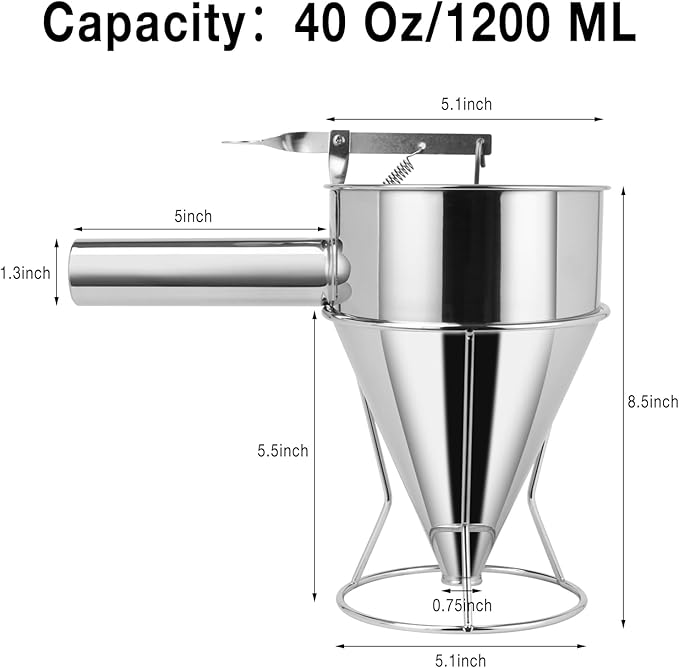 Pancake Batter Dispenser,40oz Stainless Steel Funnel Cake Dispenser with Stand Great for Pancakes Cupcakes Muffins Waffles