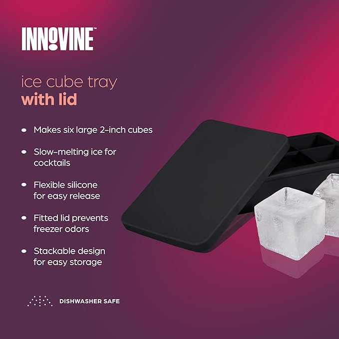 Innovine Ice Cube Tray with Lid, Easy Release Large Silicone Mold, 2 Inch Ice Cubes for Whiskey, Cocktails, Mixed Drinks, Iced Coffee, Juice, Home Bar and Kitchen Accessories, Set of 1, Black