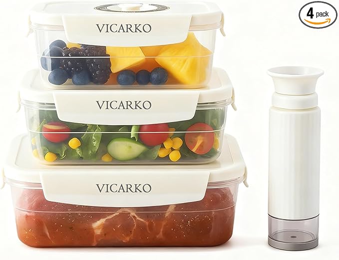 VICARKO 3-Piece Stackable Vacuum Food Storage Containers Set with Hand Pump, 17 oz/ 34 oz/ 68 oz, White, BPA-Free, Airtight, Leakproof, Date Tracker