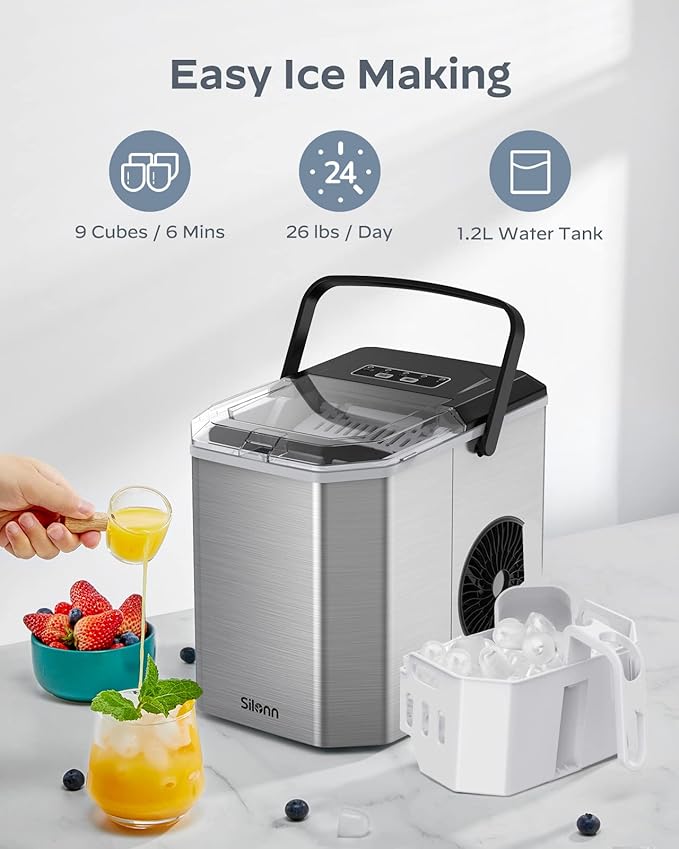 Silonn Ice Maker Countertop, Stainless Steel Portable Ice Machine with Carry Handle, Self-Cleaning Ice Makers with Basket and Scoop, 9 Cubes in 6 Mins, 26 lbs per Day