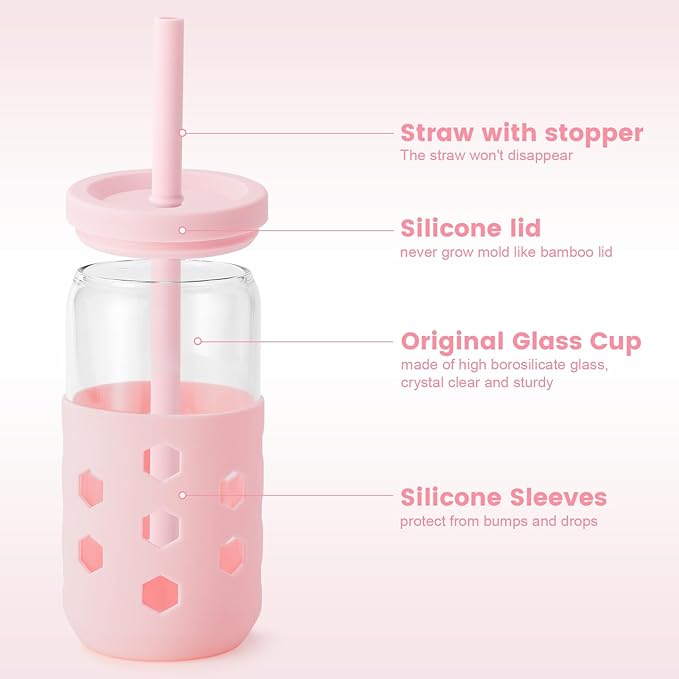 Mrsdry Glass Cups with Lids and Straws (4 Pcs), 16oz Drinking Glasses Set with Silicone Sleeves for Coffee Bar Accessories Iced Coffee Cups with Lids, Glass Tumbler Reusable for Gifts