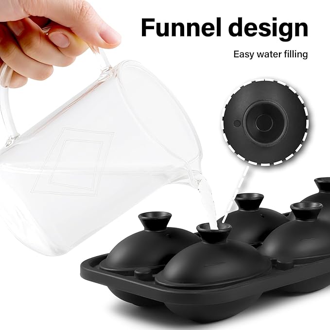 Silicone Large Ice Cube Tray, 6 Big Football Ice Cube Trays for Freezer,ICE Maker,Ice Cube Mold,Nice ICE Cube Trays,Crushed Ice Trays for Wiskey Cocktail Beer (Black, 6 Large Ice Cubes)