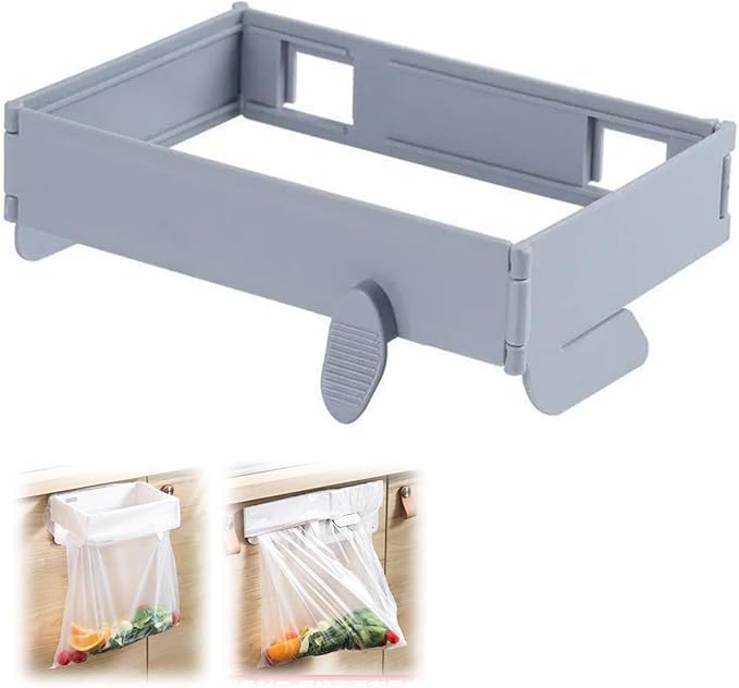 2Pcs Foldable Trash Bag Holder, No Drill Adhesive Hanging Rack for Kitchen Cabinets/Doors, Space-Saving Collapsible Plastic Waste Bag Hanger