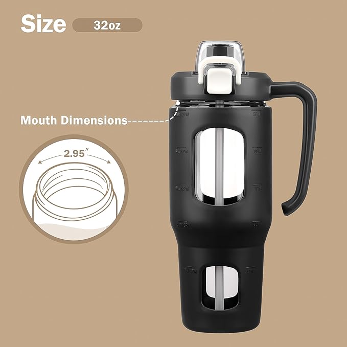 32oz Glass Tumbler with Straw Handle and 2-IN-1 Sip & Spout Lid, Reusable Iced Coffee Cup for Smoothie, Matcha, Leakproof Glass Water Bottle with Straw and Silicone Sleeve, BPA Free-Black