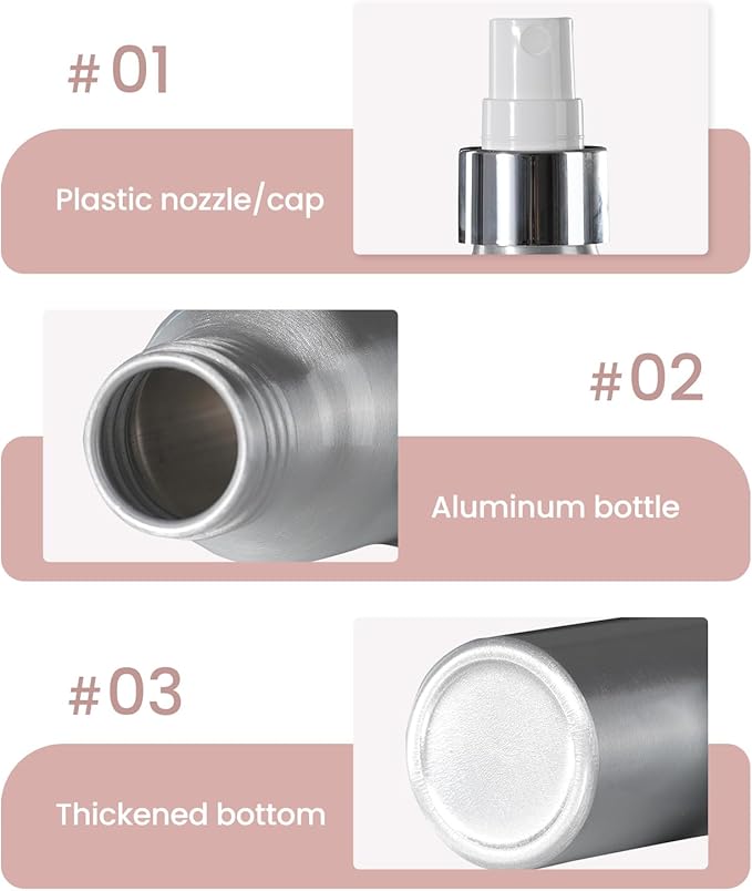 LISAPACK Small Spray Bottle for Travel - 2 oz Fine Mist Aluminium Empty Sprayer for Perfume - Mini Size Atomizer for Essential Oil - Face Mister for Liquid Cosmetic TSA Approved 3 Pack
