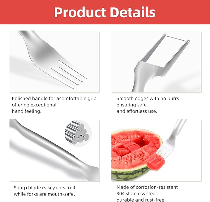 2-in-1 Stainless Steel Watermelon Fork Slicer Cutter - 2PC Double Pack, 2024 Upgrade, Dual Head Fruit Fork Slicer for Effortless Summer Fruit Cutting at Home, Parties, and Camping