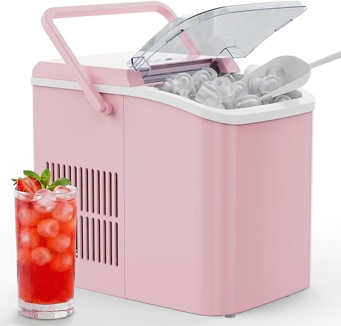 OLIXIS Ice Maker Machine with Handle,26lbs in 24Hrs,9 Ice Cubes in 6 Mins,Auto-Cleaning Portable Ice Maker with Basket and Scoop, Countertop Ice Maker for Home, Kitchen, Camping, RV - Pink