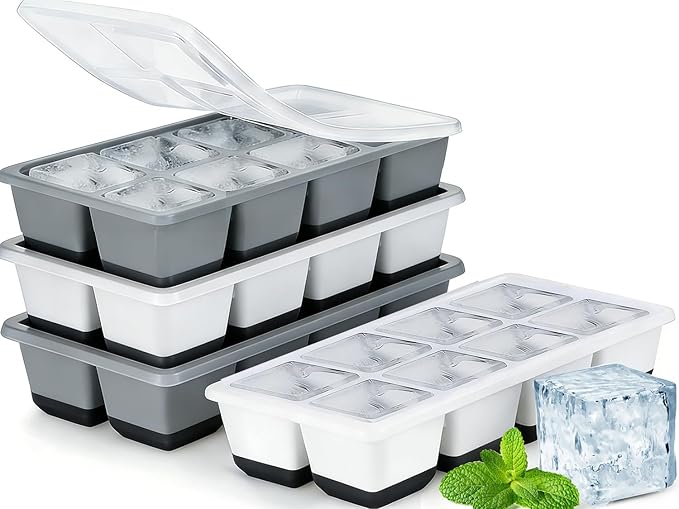 Ice Cube Trays 4 Pack, JRISBO Large Silicone Ice Cube Molds with Leak-Proof Lid, TPE Frame & Easy Release Bottom, Stackable Freezer Ice Trays for Whiskey, Cocktails, Soup, BPA Free