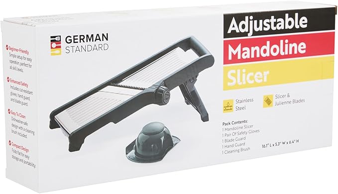 Restaurantware Stainless Steel Adjustable Mandoline Slicer - German Standard Vegetable Slicer with Blade Guard, Includes Cut-Resistant Gloves - Food Slicer for Potato, Onions, Cucumbers, Tomato