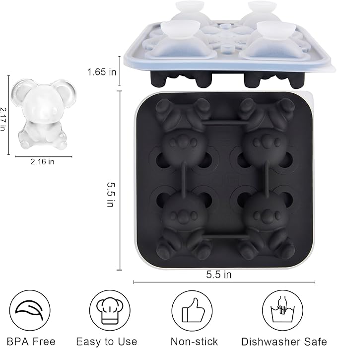Koala Ice Cube Tray Mold - 3D Koala Shape Ice Cube Trays, Cute Ice Cube Molds for Whiskey Bourbon, 4-Hole Large Fun Shapes Ice Cube Trays, Funny Koala Gifts for Koala Animal Lovers Women Men