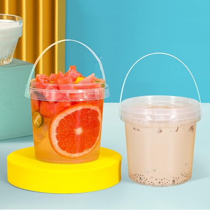 24 Pack Ice Cream Bucket with Lids and Handles, 25OZ/ 33OZ Clear Plastic Rum Bucket Cocktail Drinks Containers, Plastic Food Storage Pail Tub for Summer Cold Drink Beach Parties