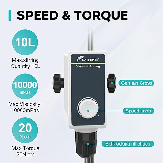 LAB FISH Overhead Stirrer Lab Stirrer | Includes Stirring Rod Not Stand | Speed 100-1000RPM Cap. 10L 10000 mPas for Lab(Single Machine)