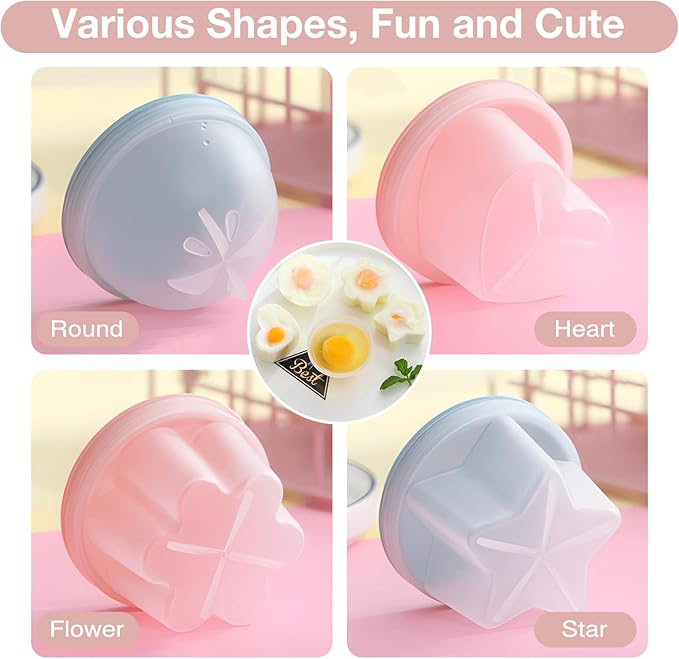 Egg Poacher Cups, 4 Pcs Poached Egg Cooker with Lid and Oil Brush Egg Coddler 4 Shapes Reusable Egg Molds, BPA Free Nonstick Egg Poaching Cups for Boiled Eggs Without Shell, Pink