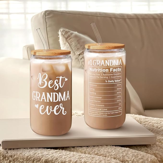 SANDJEST Grandma 16 Oz Can Glass Tumbler with Bamboo Lid and Straw - Iced Coffee Cups for Women, Aesthetic Glass Cup Gift for Grandmother Nana Birthday Christmas Mother's Day