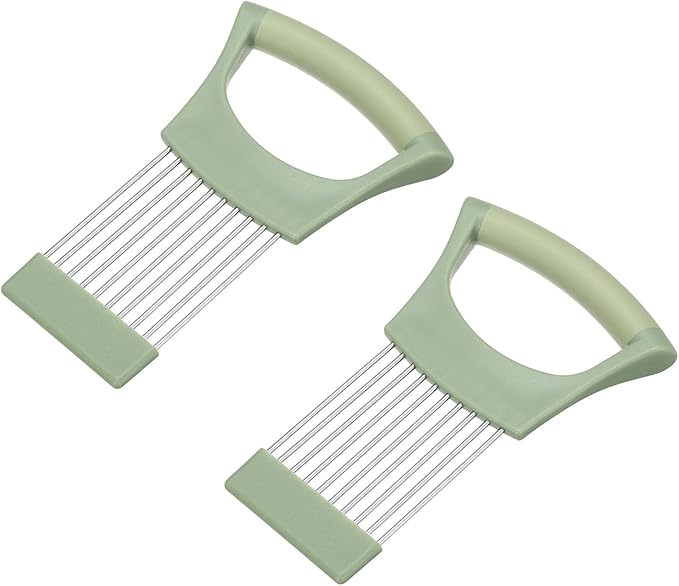 uxcell 2 Pcs Onion Slicer Holder, Stainless Steel Vegetable Cutting Holder Food Cutter Tool for Slicing Storing Onions Tomatoes Potatoes Avocados Apples, Green