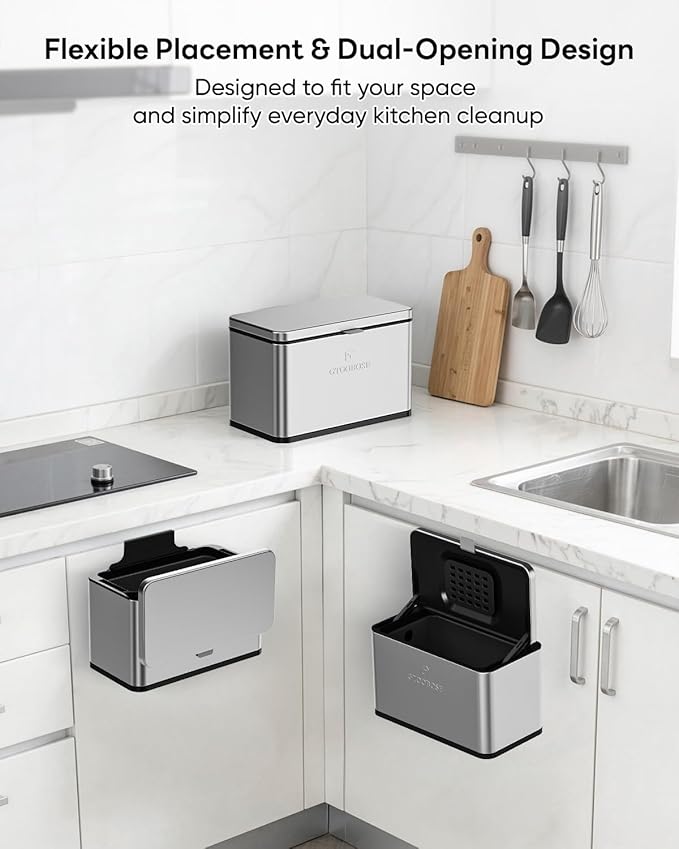 Kitchen Mini Compost Bin, 4L/1G Small Trash Can with Lid, Slim Stainless Steel Hanging Garbage Bin for Kitchen, Bathroom, Bedroom, Office, Wall Mounted Compost Bin with Inner Bucket, Silver