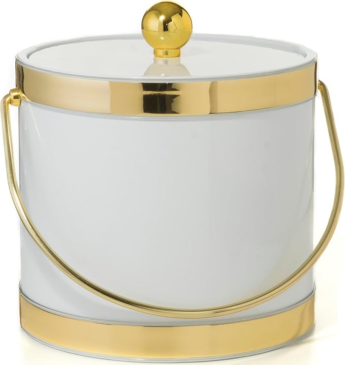 Made In USA Metallic Deco Collection Double Walled Insulated Ice Bucket With Ice Tongs (3-Quart, White & Gold)