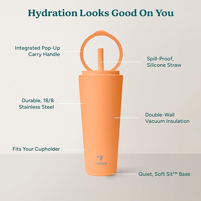 REDUCE Halo 32 oz Stainless Steel Vacuum Insulated Tumbler - Spill Proof Travel Mug with Flip Handle Lid - Keeps Drinks Cold for 32 Hrs - Dishwasher Safe - Cupholder Friendly - Papaya