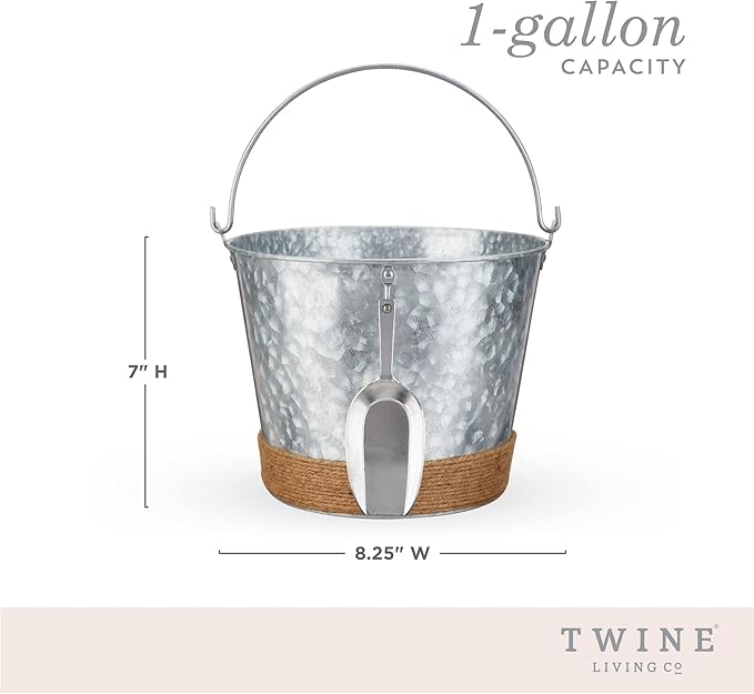 Twine Farmhouse Ice Bucket with Scoop - Beverage Tub Wrapped with Rope for Parties - Galvanized Metal Bucket Cooler & Drink Tub Holds 1 Gallon