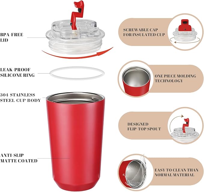 Puraville Insulated Tumblers with Lid, 14 oz Travel Coffee Mug Stainless Steel Vacuum Cup, Leak Proof Reusable Double Walled Coffee Tumbler for Iced and Hot Drinks, Red