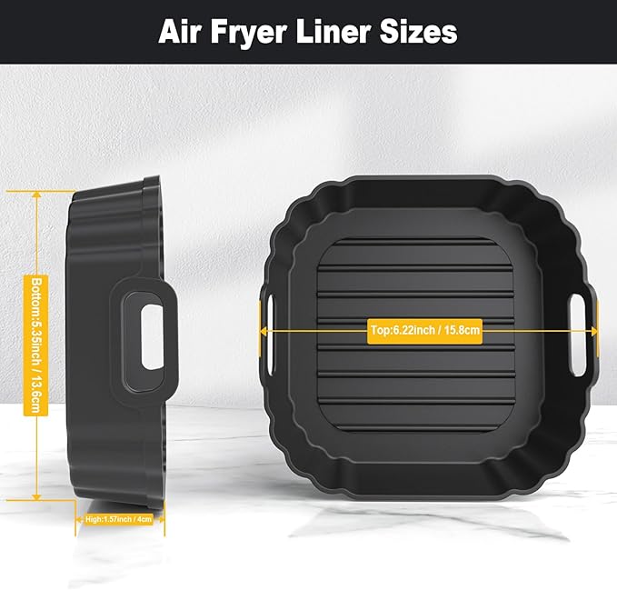 6.2-Inch Small Mini Square Silicone Air Fryer Liners 2 Pack for Chefman Mini, DASH, COSORI, COMFEE, Instant, DEIME for 2qt 2.1qt 2.6qt 3qt Reusable Basket Trays, Airfryer Accessories