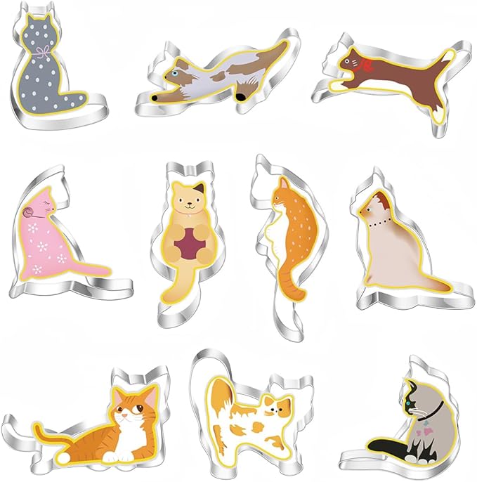 Cat Shaped Cookie Cutters Set,10pcs molds For Cake/Cookie,Stainless Steel Cake Tools For Kids,Party Accessories By MrCookie, Medium, Silver