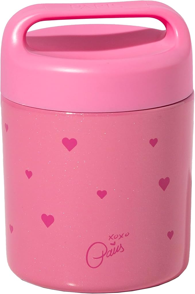 Paris Hilton Stainless Steel Food Jar, Double Wall Vacuum Sealed Insulated Food Storage Container with Carry Handle Lid, 12-Ounce, Pink with Heart Design