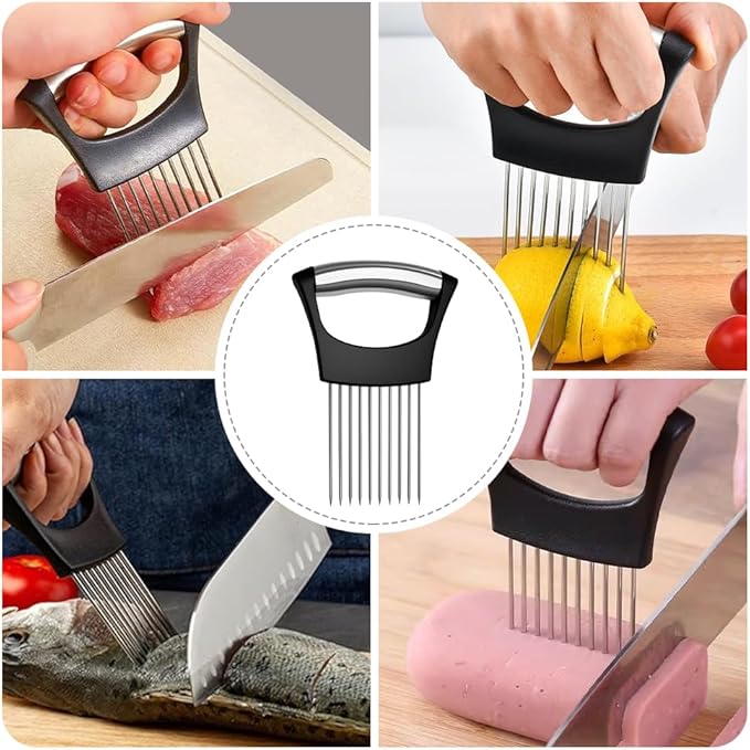 Onion Holder for Slicing, Stainless Steel Vegetable Slicer Cutter, Multifunctional Onion Slicing Tool for Tomato, Potato, Lemon, Meat, Easy Home Kitchen Chopper Assistant (2 Pack)