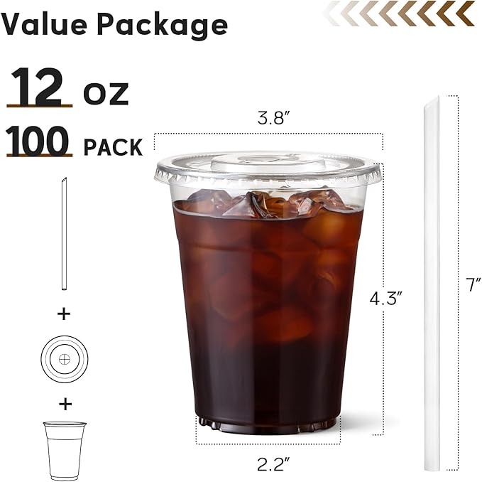 AOZITA 100 Pack - 12 oz Clear Plastic Cups with Lids and Straws, Food Safe Disposable Iced Coffee Cups for Cold Beverages, Smoothies, Iced Coffee, Leak-Proof, BPA-Free