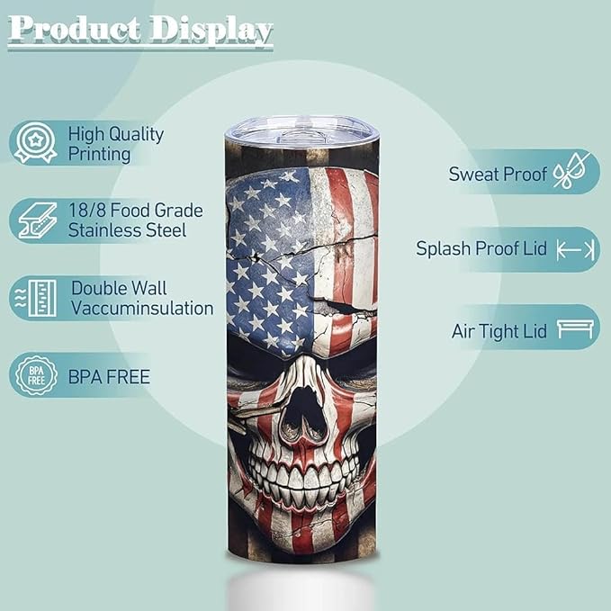 ATHAND American Flag Skull Tumbler,20 Oz Insulated Stainless Steel Skinny Coffee Tumbler with Lid,Patriotic Birthday Gifts for Men,1 Pcs