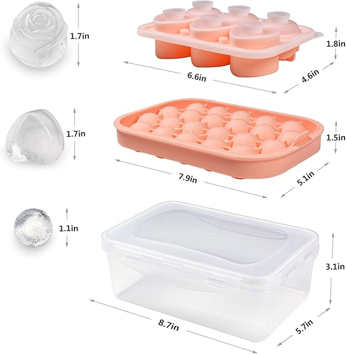 Silicone Ice Molds Fun Shapes Set, Heart Rose Ice Cube Mold, Small Round Ice Cube Tray, Makes 22 Sphere & 3 Heart 3 Rose Shape Ice Balls for Chilling Whiskey Cocktails, 2 Ice Trays with Bin Scoop Tong